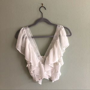 Crop Top Ruffled Low V Neckline White Shein Large